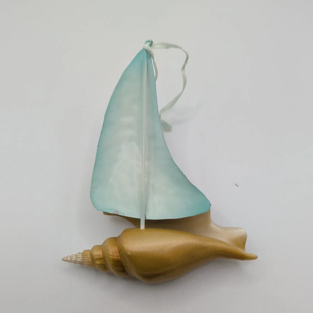 Nautical Sailboat Conch Shell Christmas Ornament Blue Gold Coastal Beach Decor - Picture 2 of 3